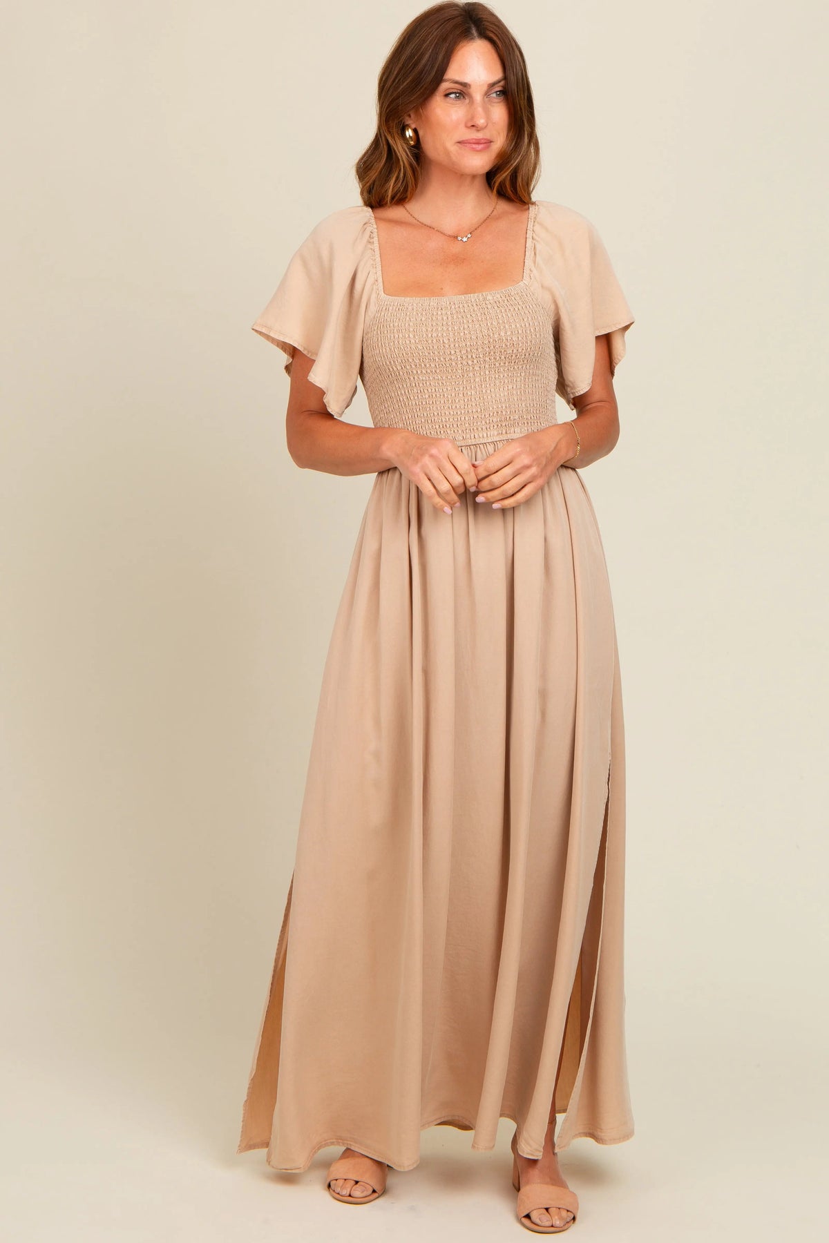 PinkBlush Beige Chambray Smocked Maxi Dress - 