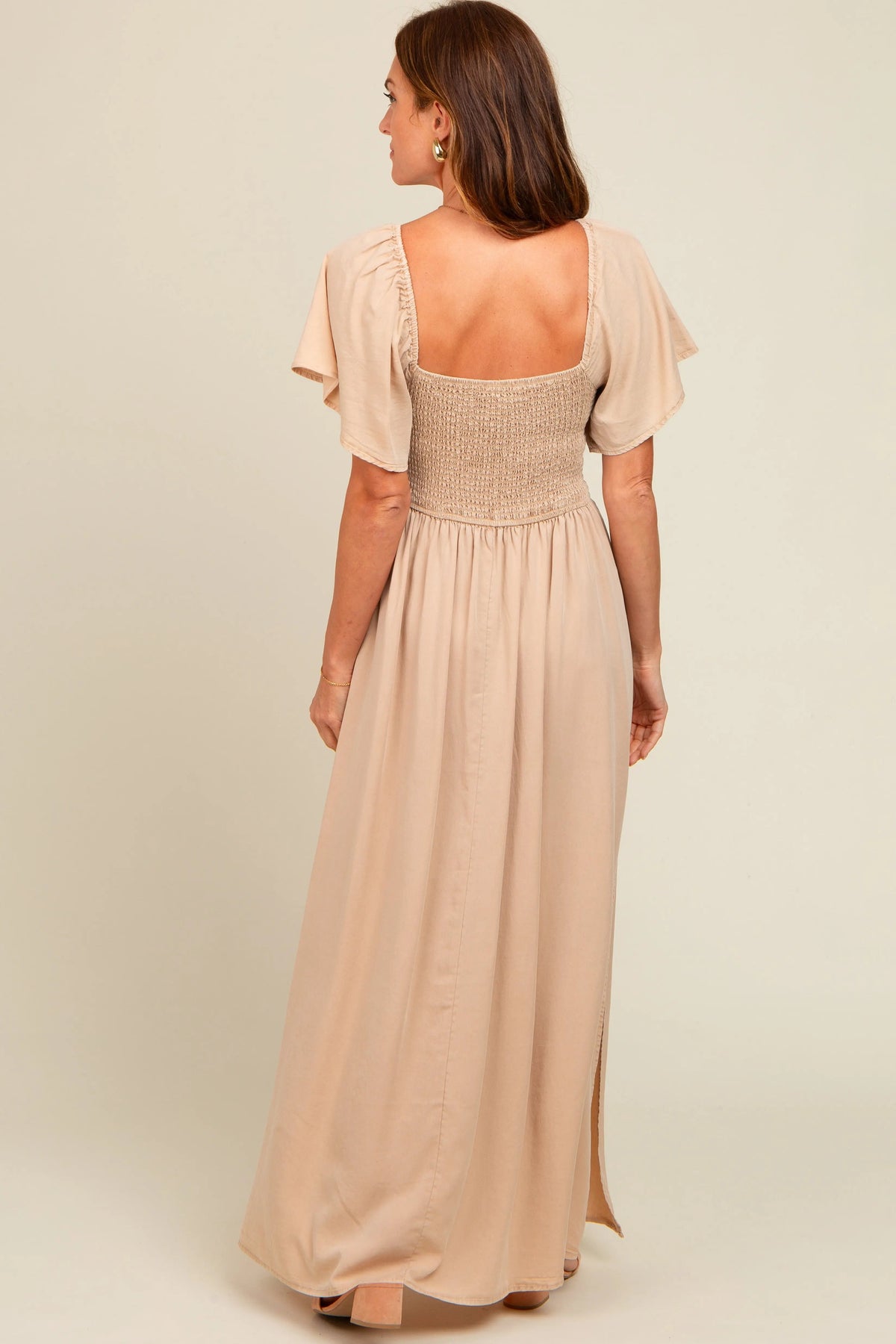 PinkBlush Beige Chambray Smocked Maxi Dress - 
