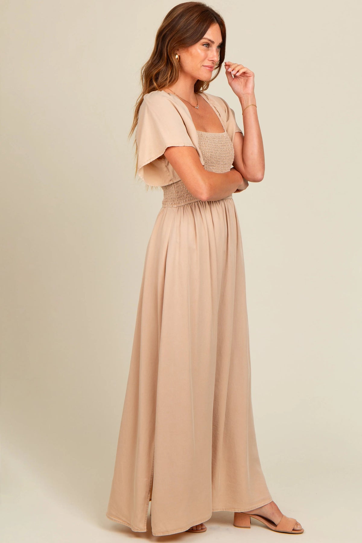 PinkBlush Beige Chambray Smocked Maxi Dress - 