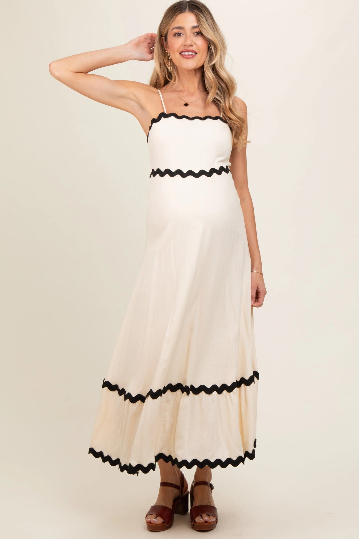 PinkBlush Beige Colorblock Trim Maternity Midi Dress - 