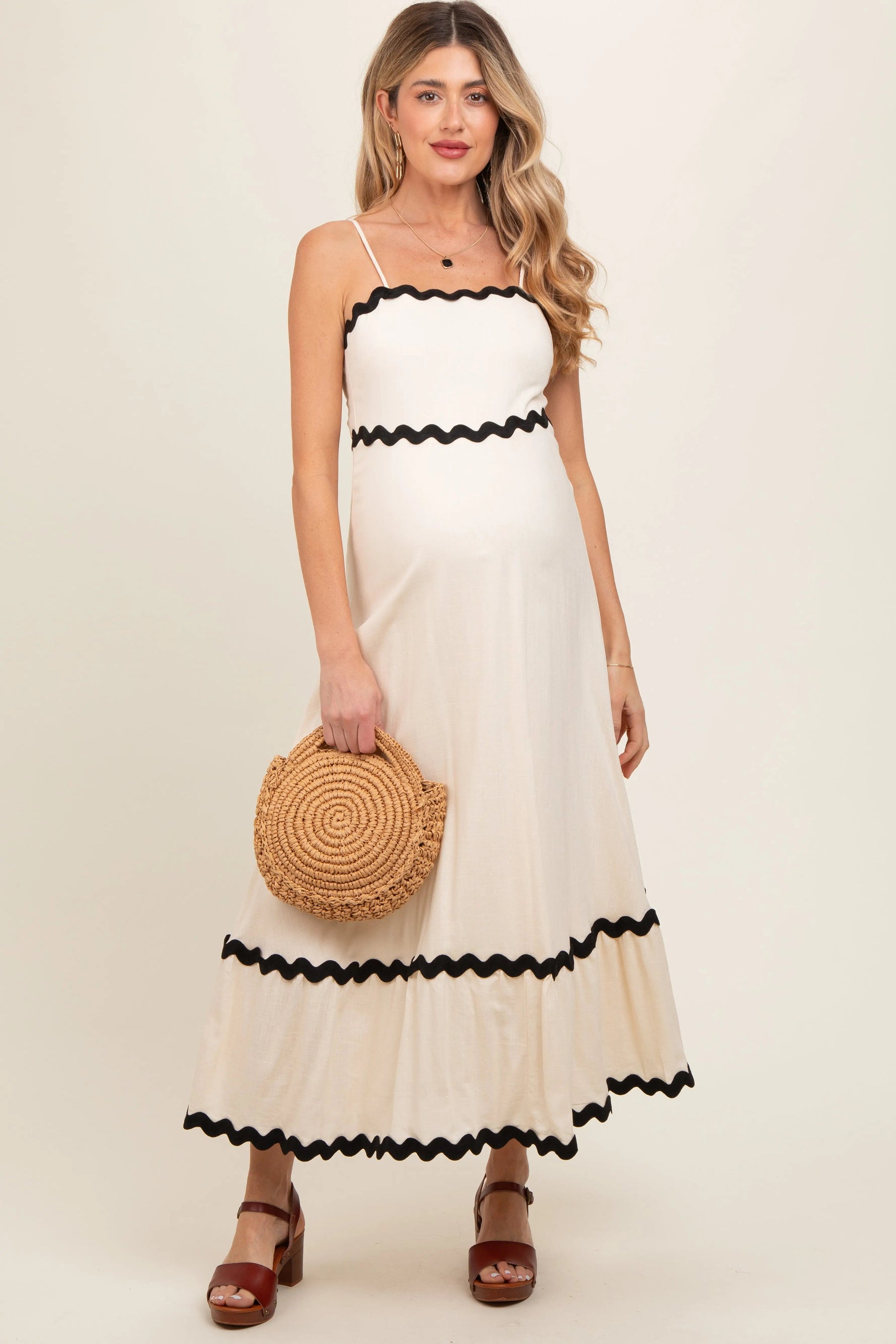 PinkBlush Beige Colorblock Trim Maternity Midi Dress - 