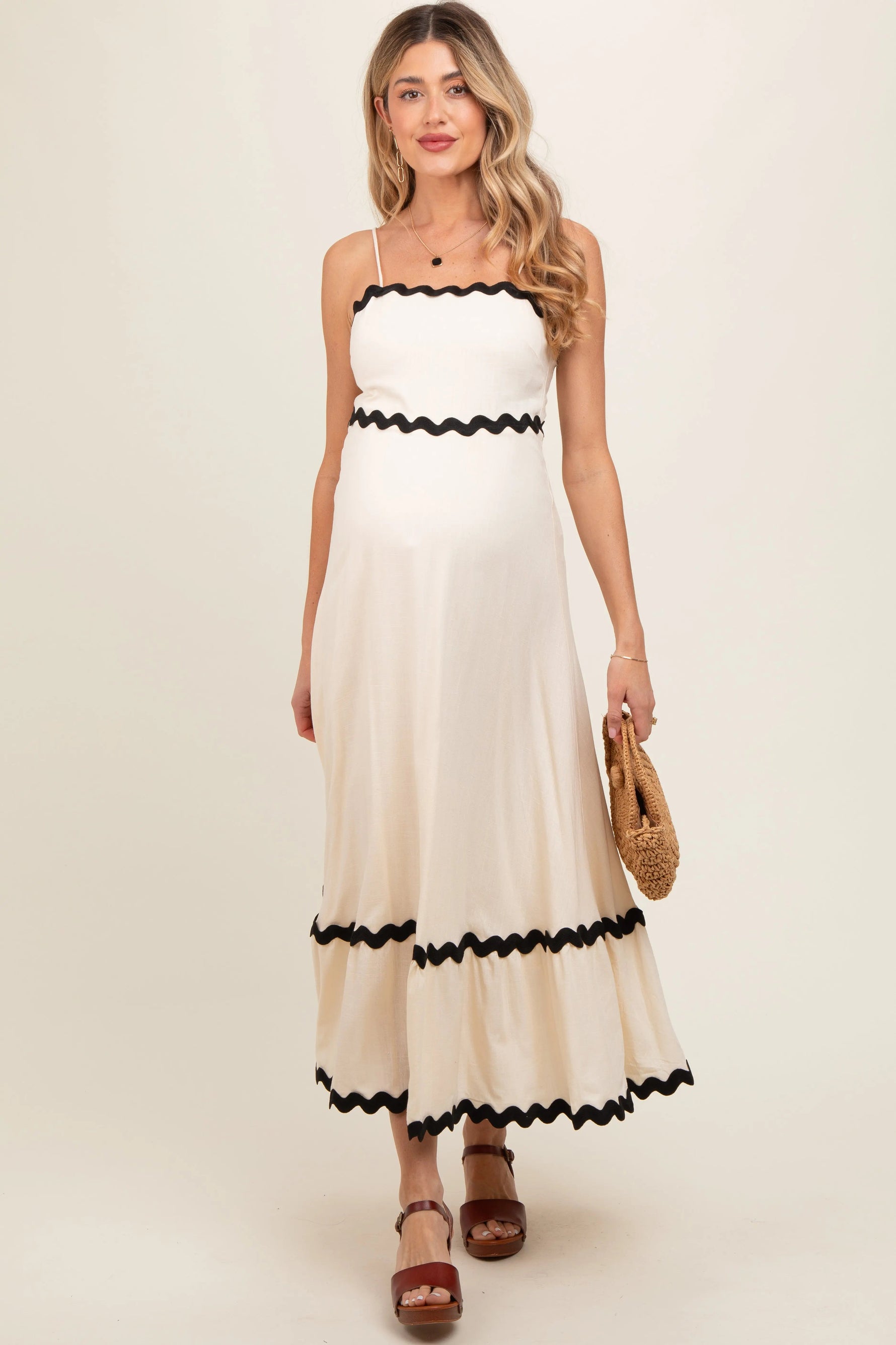 PinkBlush Beige Colorblock Trim Maternity Midi Dress - 