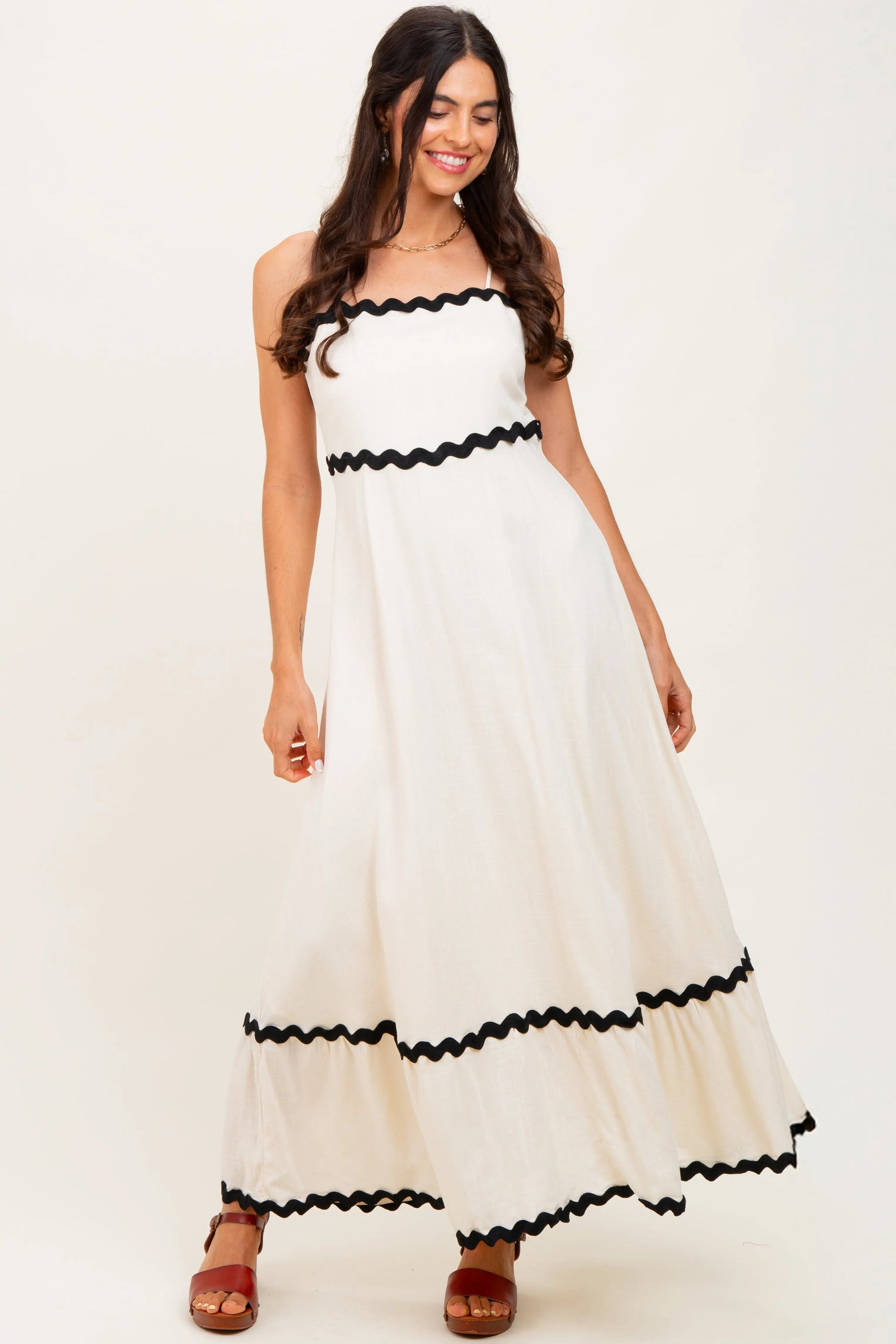 PinkBlush Beige Colorblock Trim Maternity Midi Dress - 