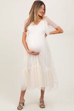 PinkBlush Beige Dotted Tulle Smocked Maternity Midi DressEveretts Place