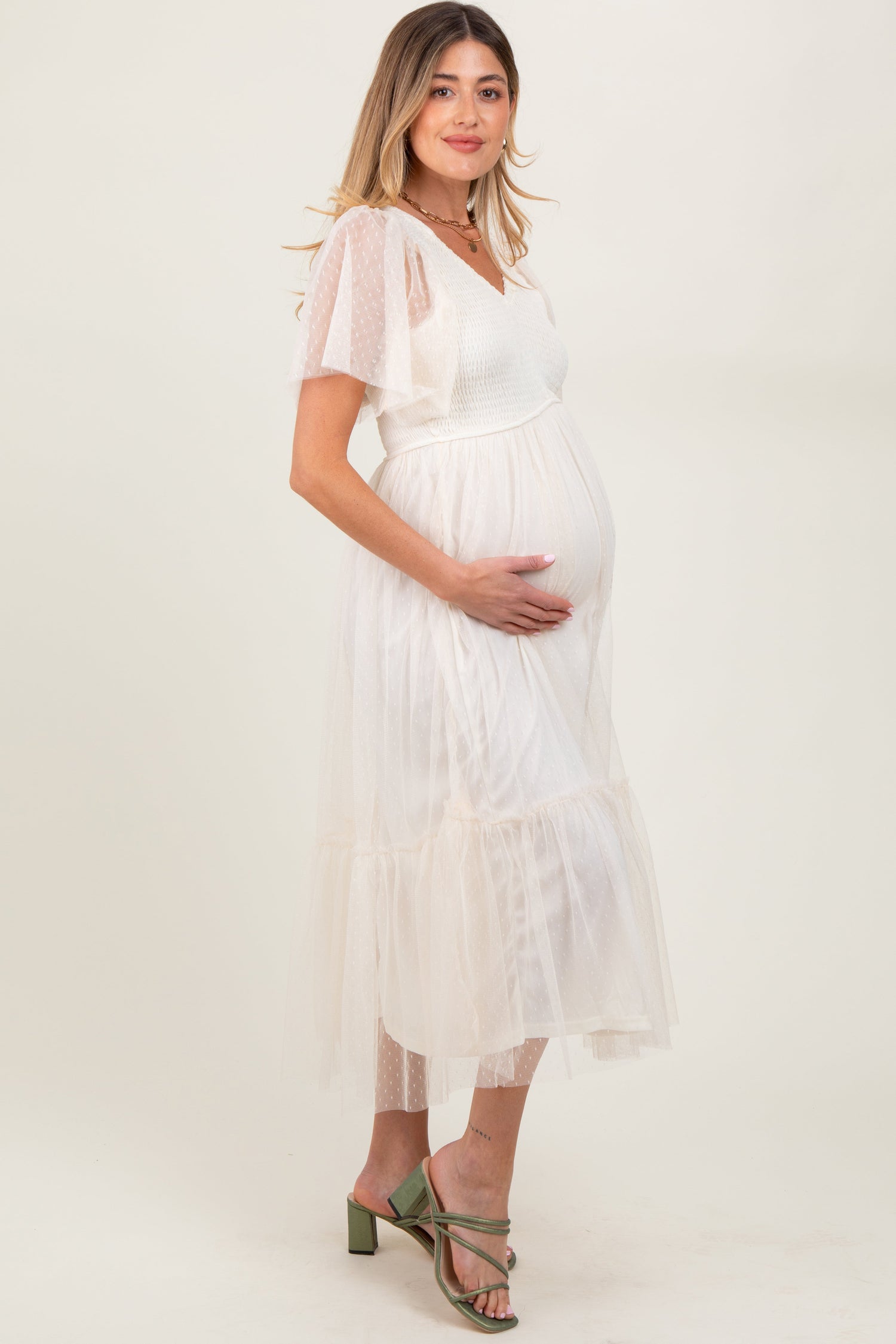 PinkBlush Beige Dotted Tulle Smocked Maternity Midi DressEveretts Place