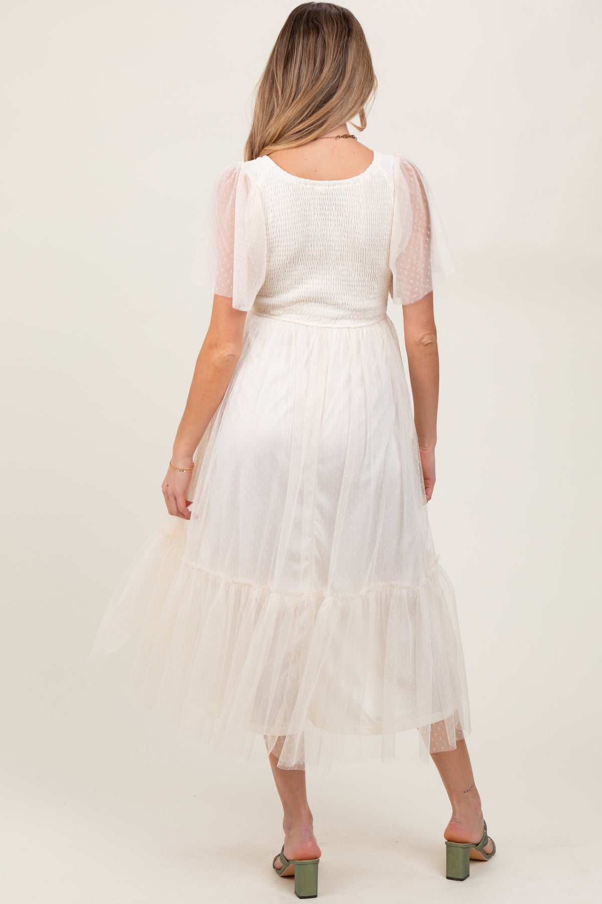 PinkBlush Beige Dotted Tulle Smocked Maternity Midi DressEveretts Place