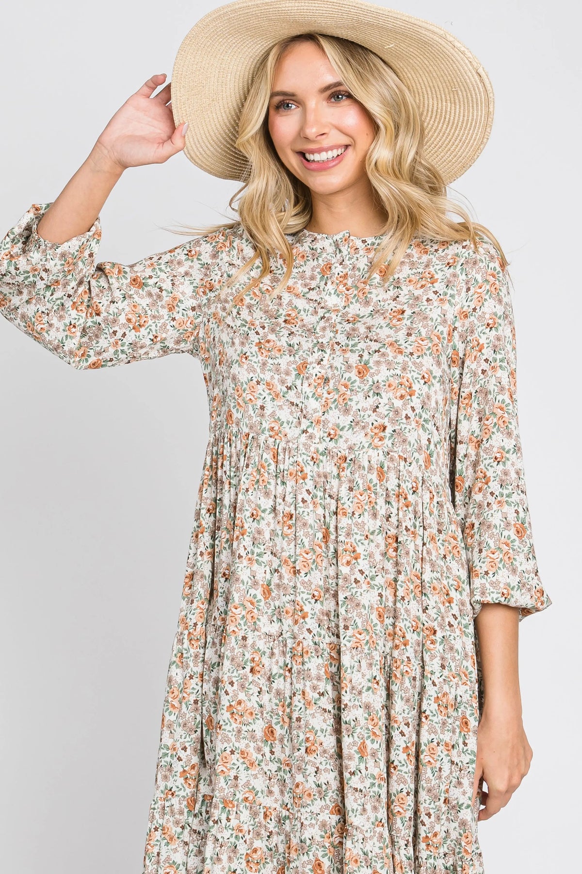 PinkBlush Beige Floral Button Front Long Sleeve Tiered Midi Dress - 