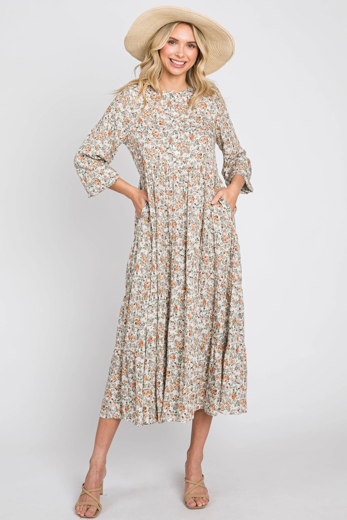 PinkBlush Beige Floral Button Front Long Sleeve Tiered Midi Dress - 