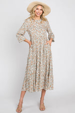 PinkBlush Beige Floral Button Front Long Sleeve Tiered Midi Dress - 