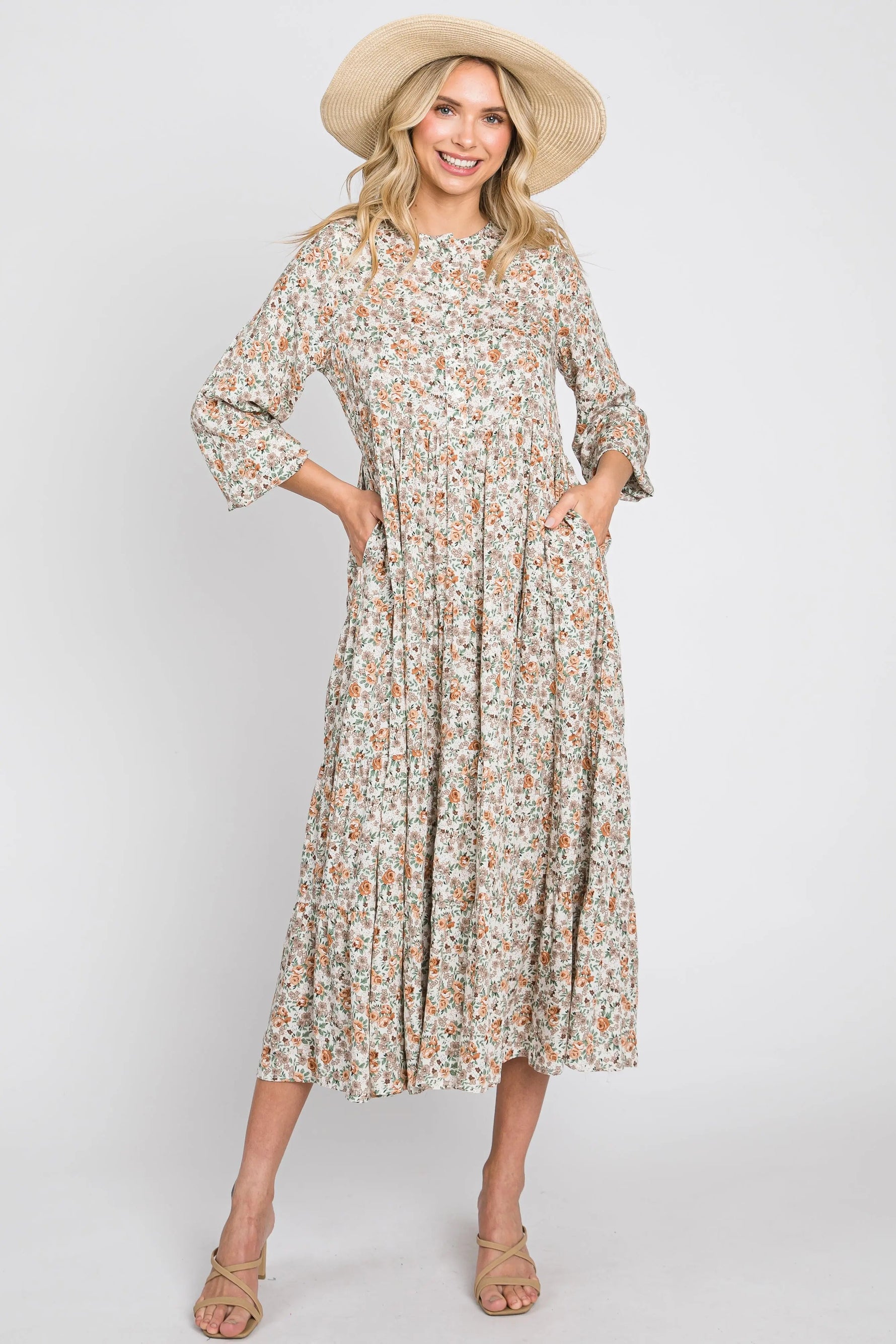 PinkBlush Beige Floral Button Front Long Sleeve Tiered Midi Dress - 
