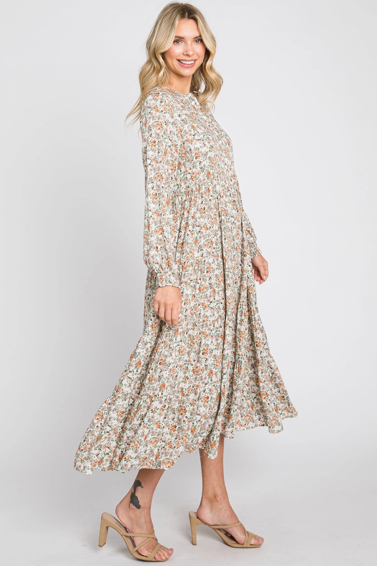 PinkBlush Beige Floral Button Front Long Sleeve Tiered Midi Dress - 