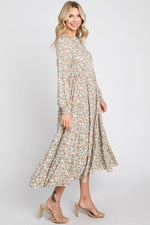 PinkBlush Beige Floral Button Front Long Sleeve Tiered Midi Dress - 