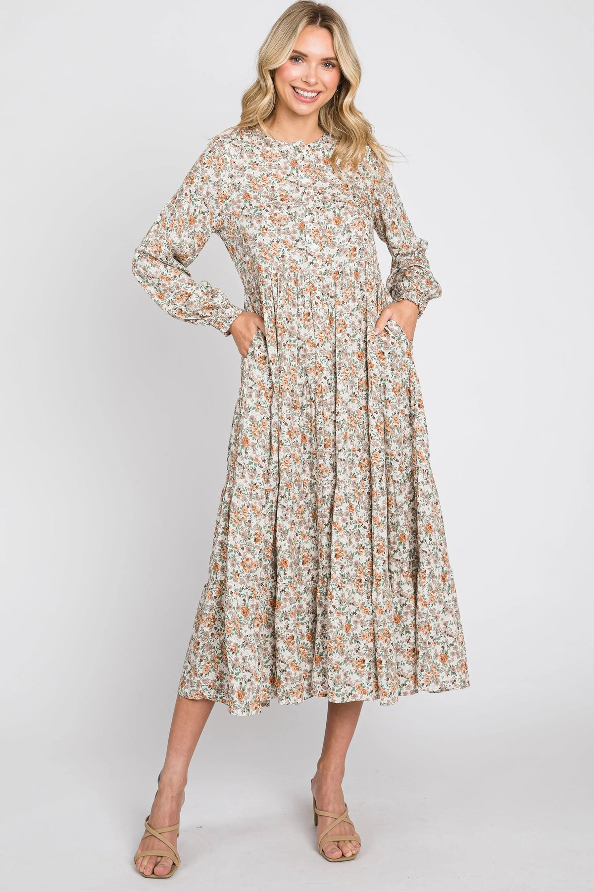 PinkBlush Beige Floral Button Front Long Sleeve Tiered Midi Dress - 