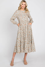 PinkBlush Beige Floral Button Front Long Sleeve Tiered Midi Dress - 