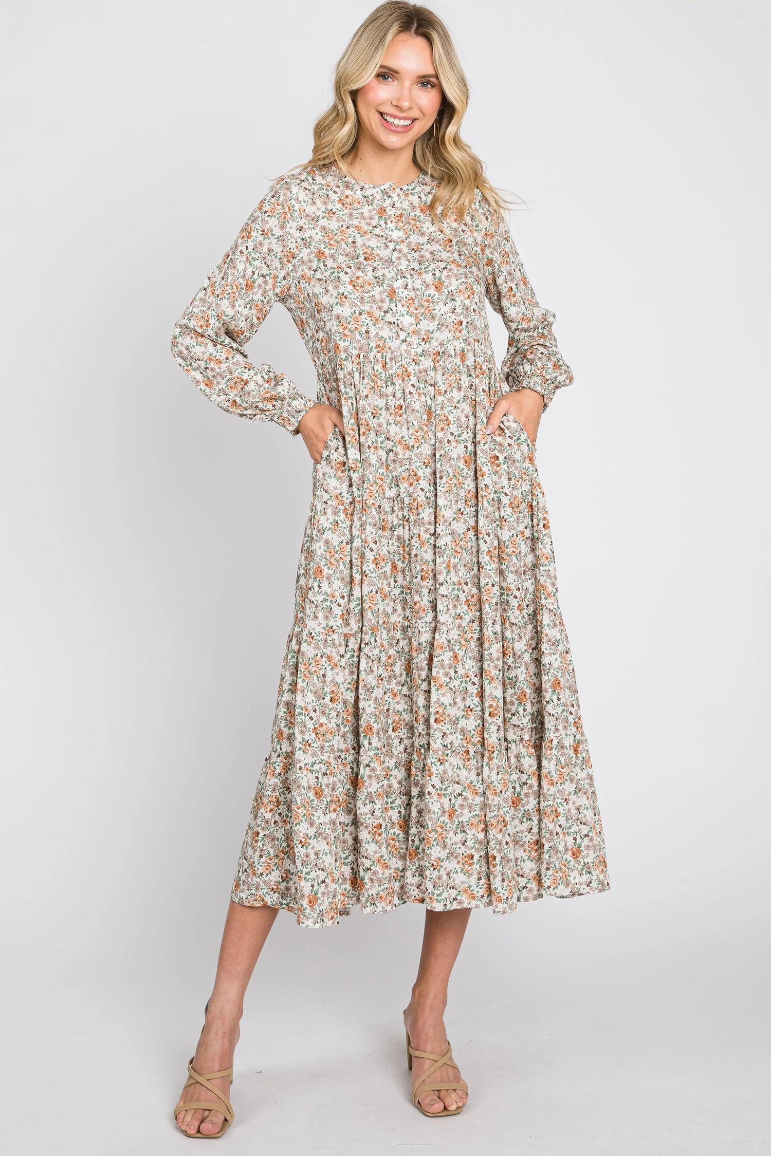 PinkBlush Beige Floral Button Front Long Sleeve Tiered Midi Dress - 