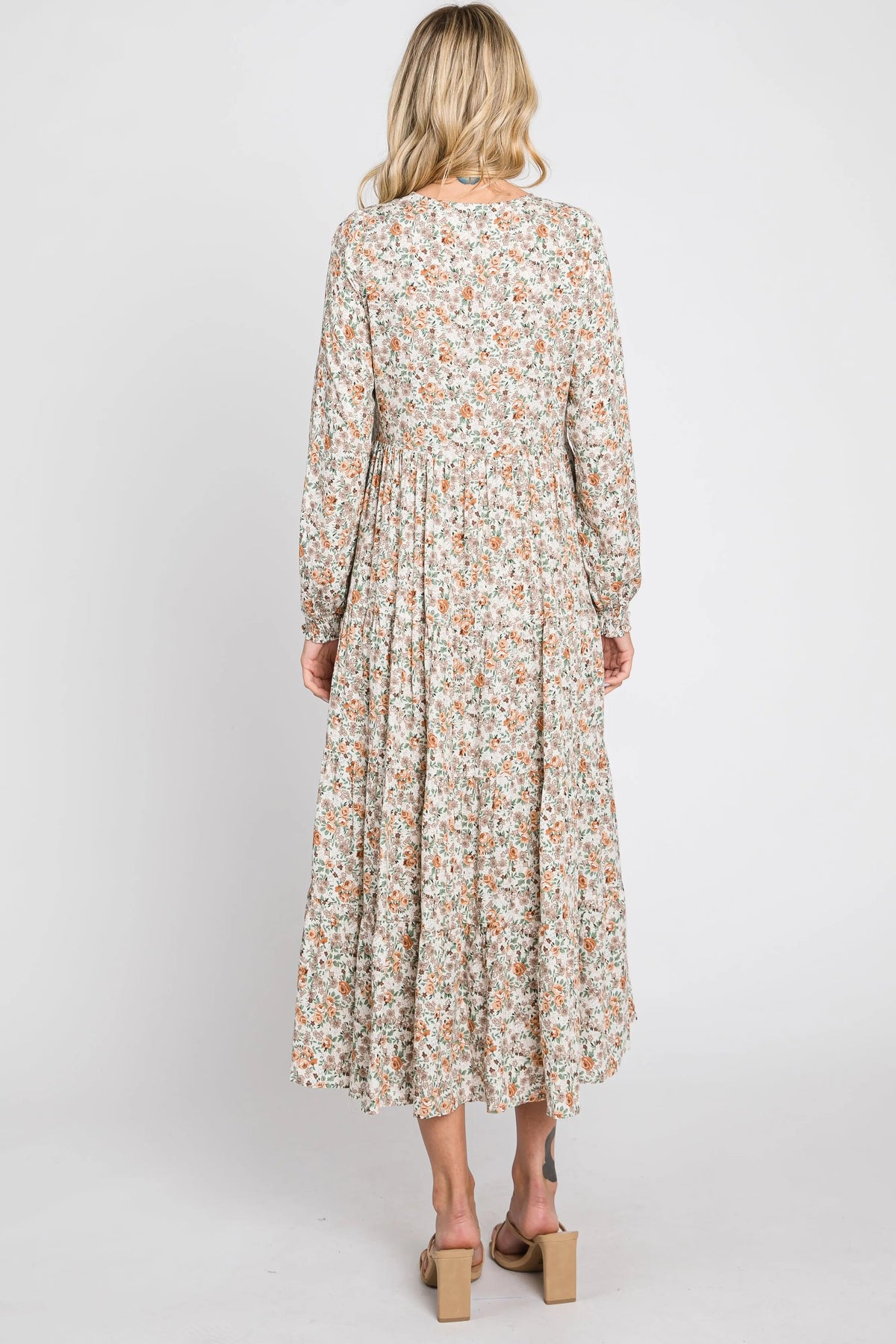 PinkBlush Beige Floral Button Front Long Sleeve Tiered Midi Dress - 