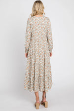 PinkBlush Beige Floral Button Front Long Sleeve Tiered Midi Dress - 