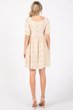 PinkBlush Beige Floral Embroidered Button Front Short Sleeve Dress - 