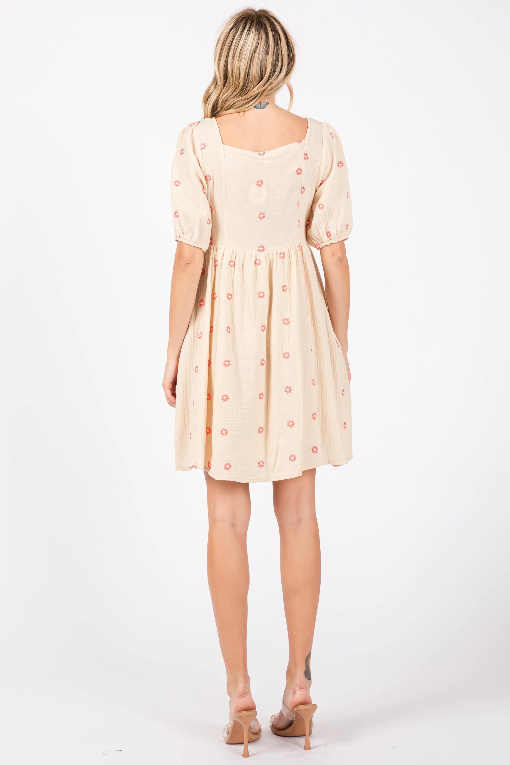 PinkBlush Beige Floral Embroidered Button Front Short Sleeve Dress - 