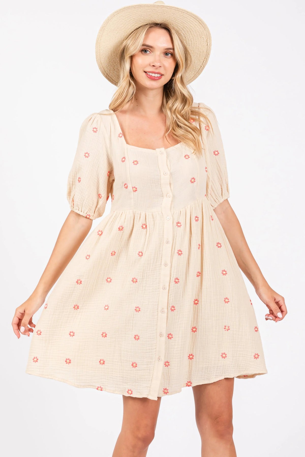 PinkBlush Beige Floral Embroidered Button Front Short Sleeve Dress - 