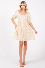 PinkBlush Beige Floral Embroidered Button Front Short Sleeve Dress - 