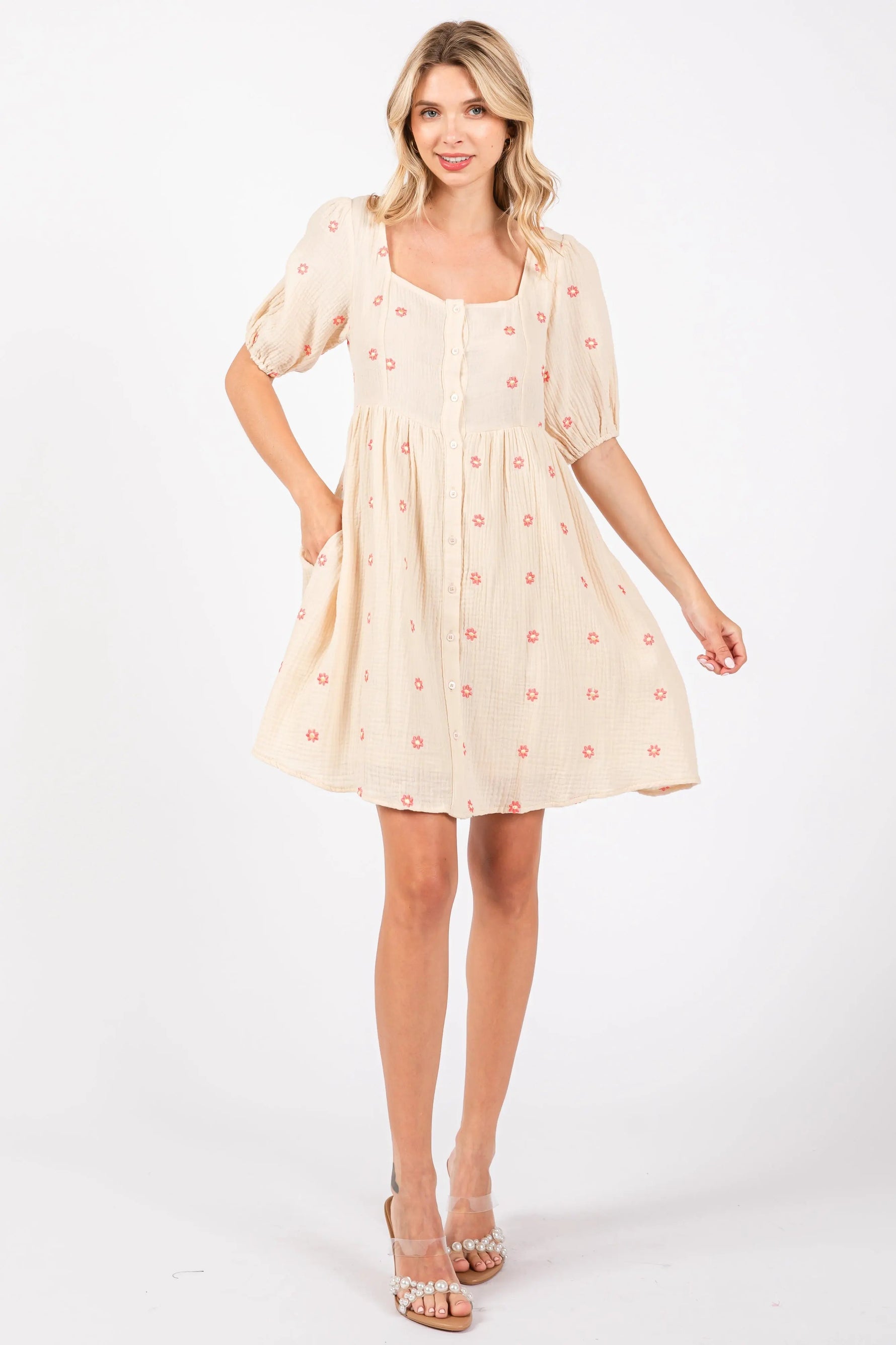 PinkBlush Beige Floral Embroidered Button Front Short Sleeve Dress - 