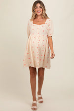 PinkBlush Beige Floral Embroidered Button Front Short Sleeve Maternity Dress - 