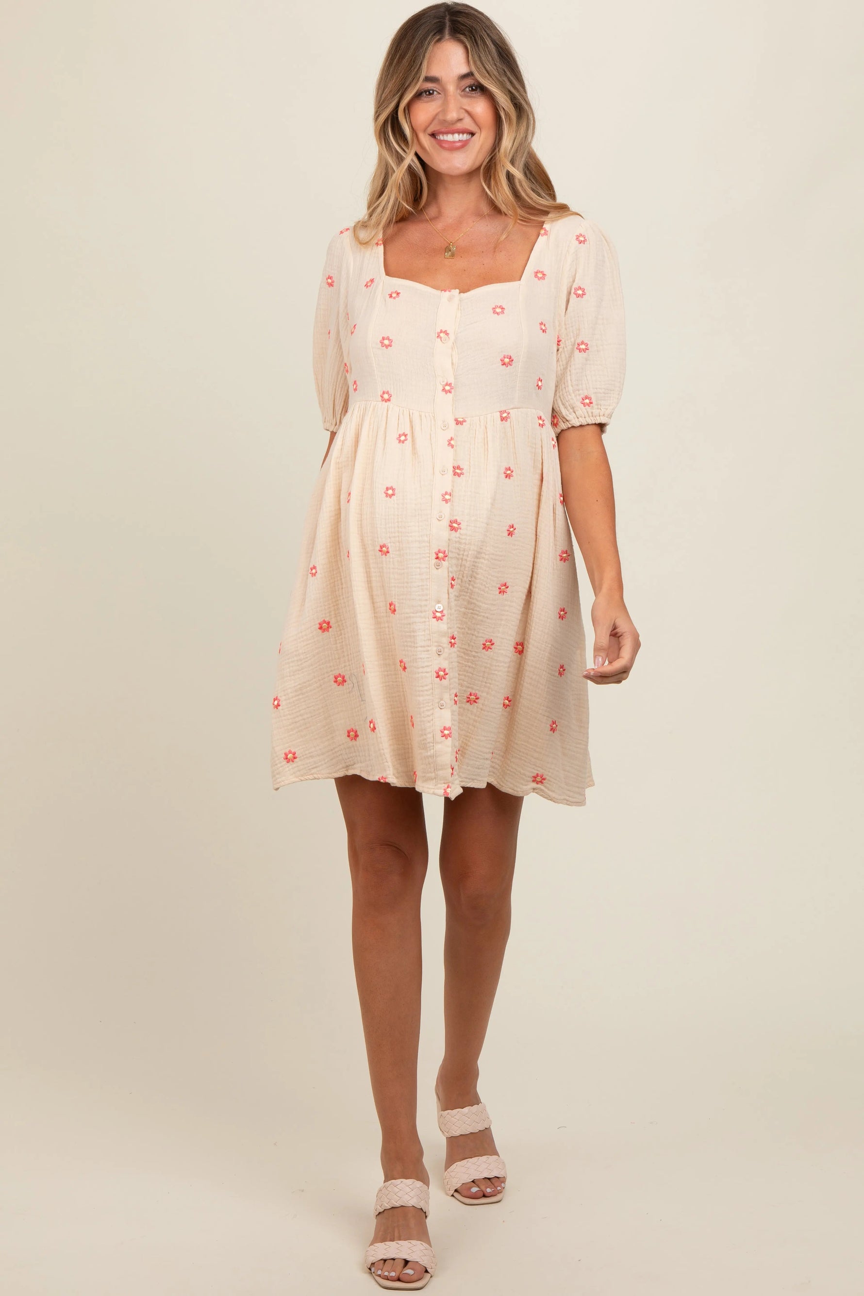 PinkBlush Beige Floral Embroidered Button Front Short Sleeve Maternity Dress - 