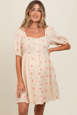 PinkBlush Beige Floral Embroidered Button Front Short Sleeve Maternity Dress - 