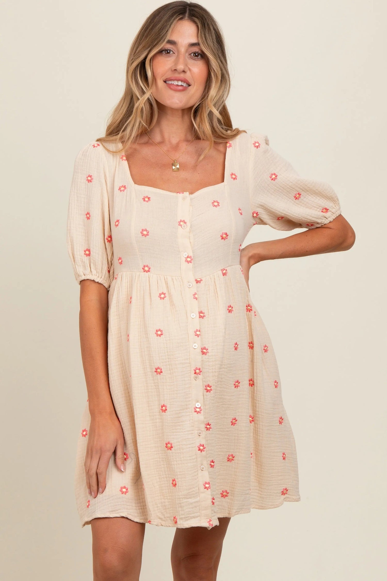 PinkBlush Beige Floral Embroidered Button Front Short Sleeve Maternity Dress - 