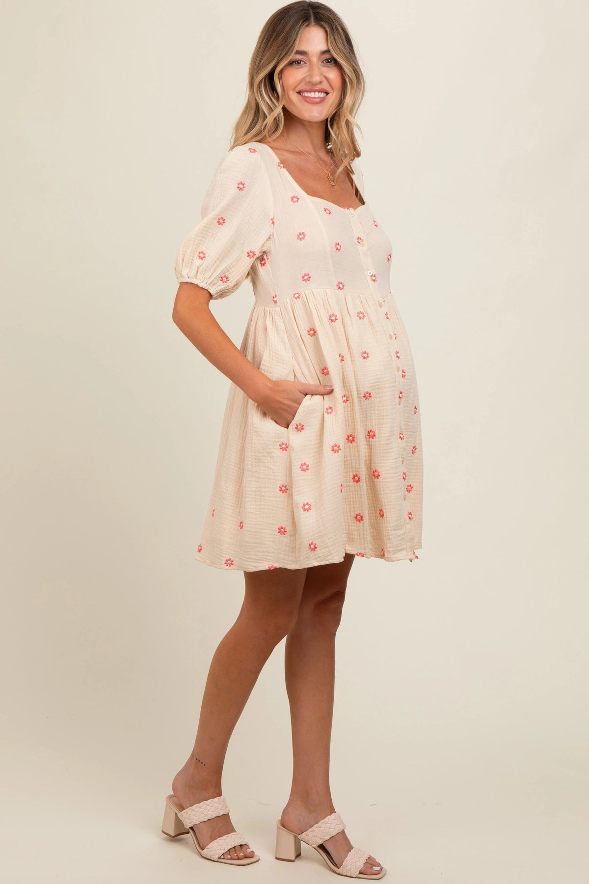 PinkBlush Beige Floral Embroidered Button Front Short Sleeve Maternity Dress - 