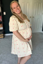 PinkBlush Beige Floral Embroidered Button Front Short Sleeve Maternity Dress - 