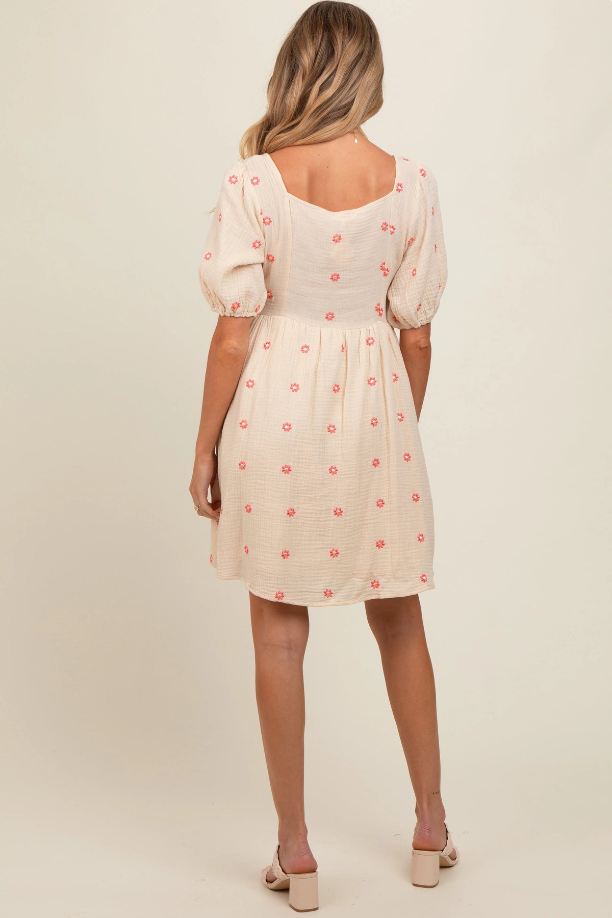 PinkBlush Beige Floral Embroidered Button Front Short Sleeve Maternity Dress - 