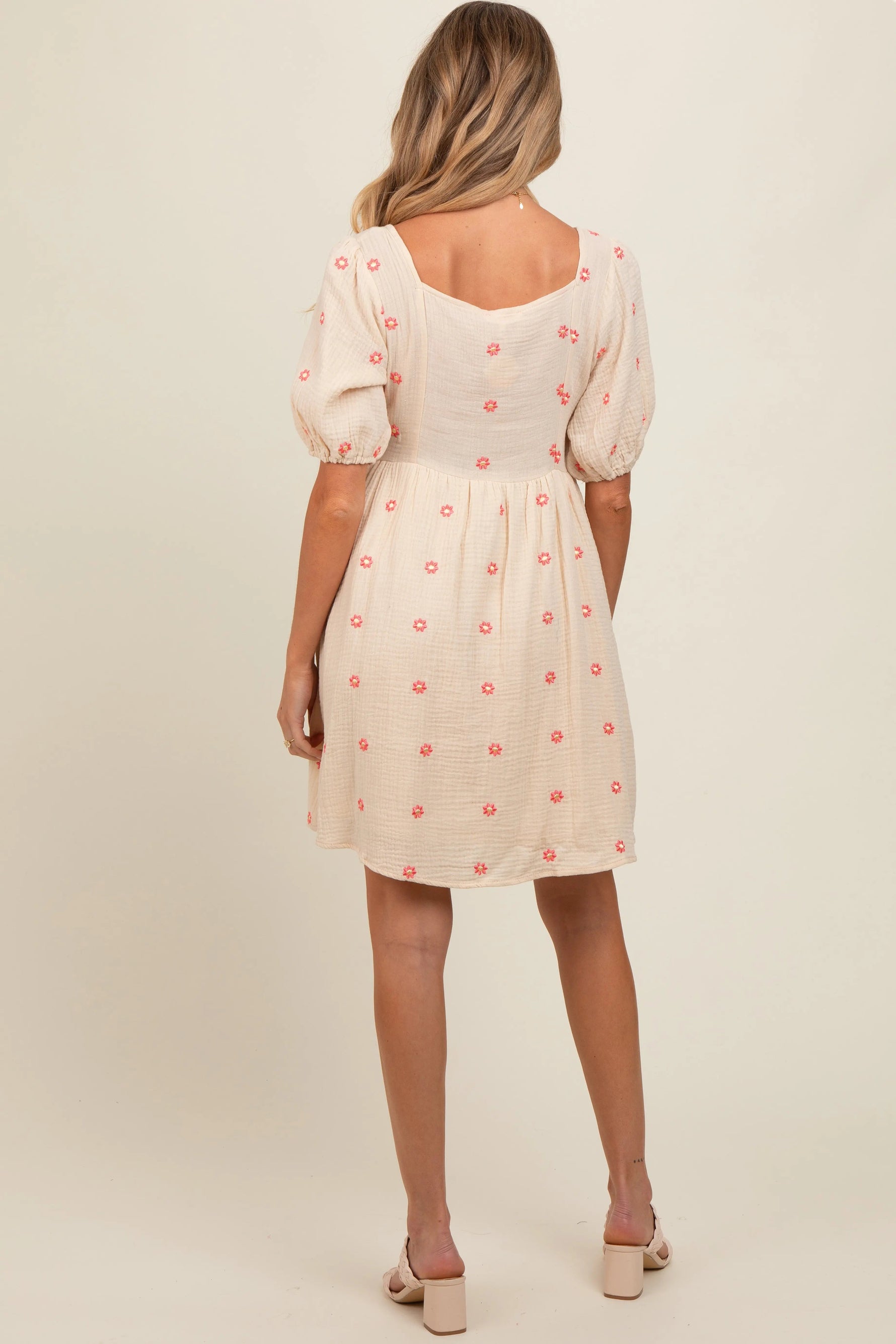 PinkBlush Beige Floral Embroidered Button Front Short Sleeve Maternity Dress - 