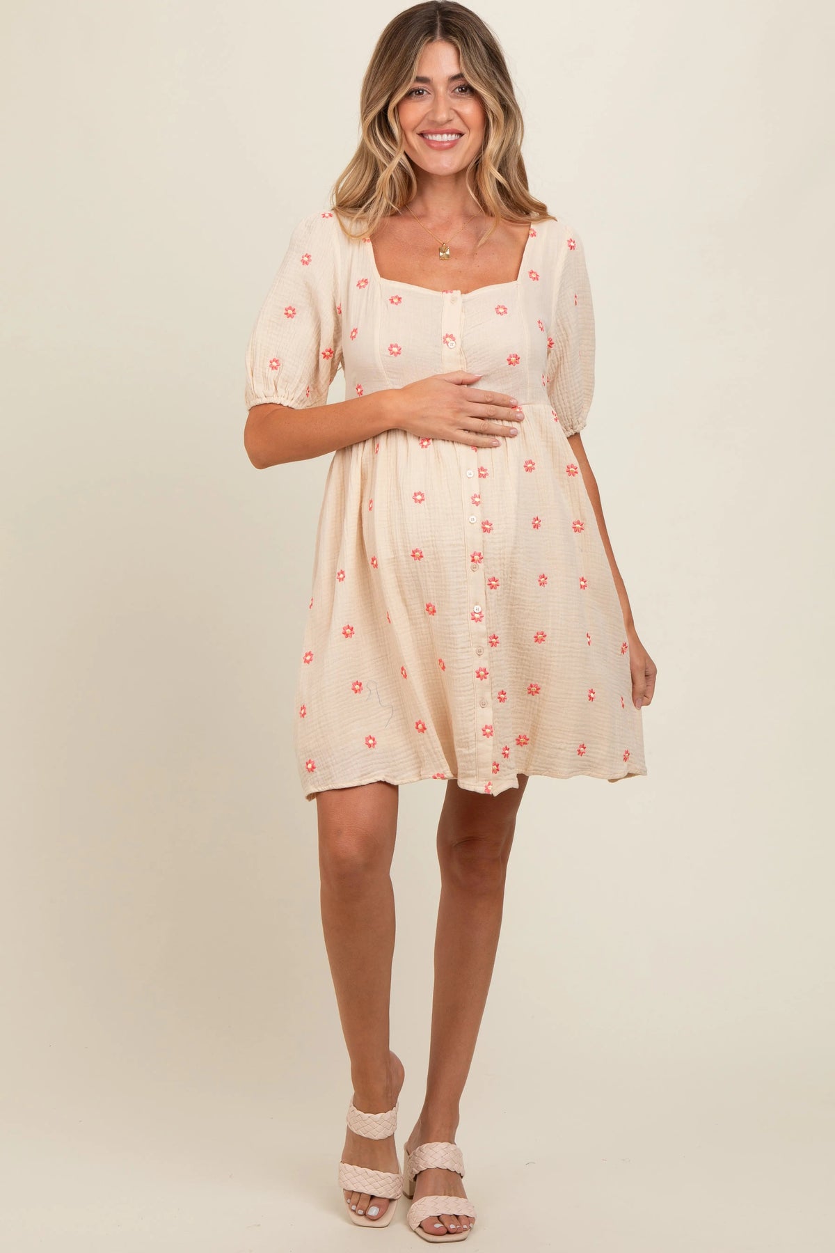 PinkBlush Beige Floral Embroidered Button Front Short Sleeve Maternity Dress - 