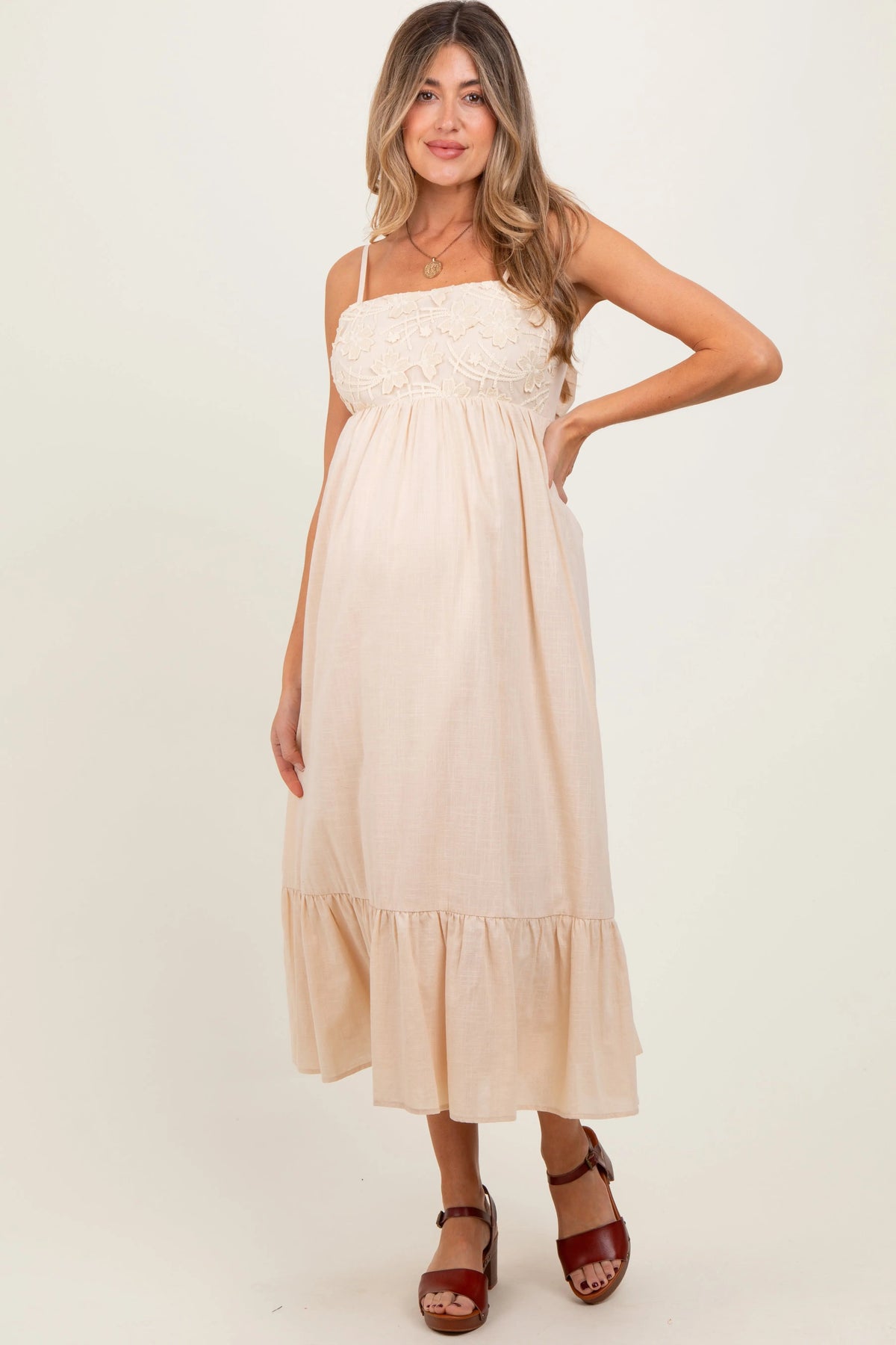 PinkBlush Beige Floral Embroidery Back Ribbon Maternity Midi Dress - 