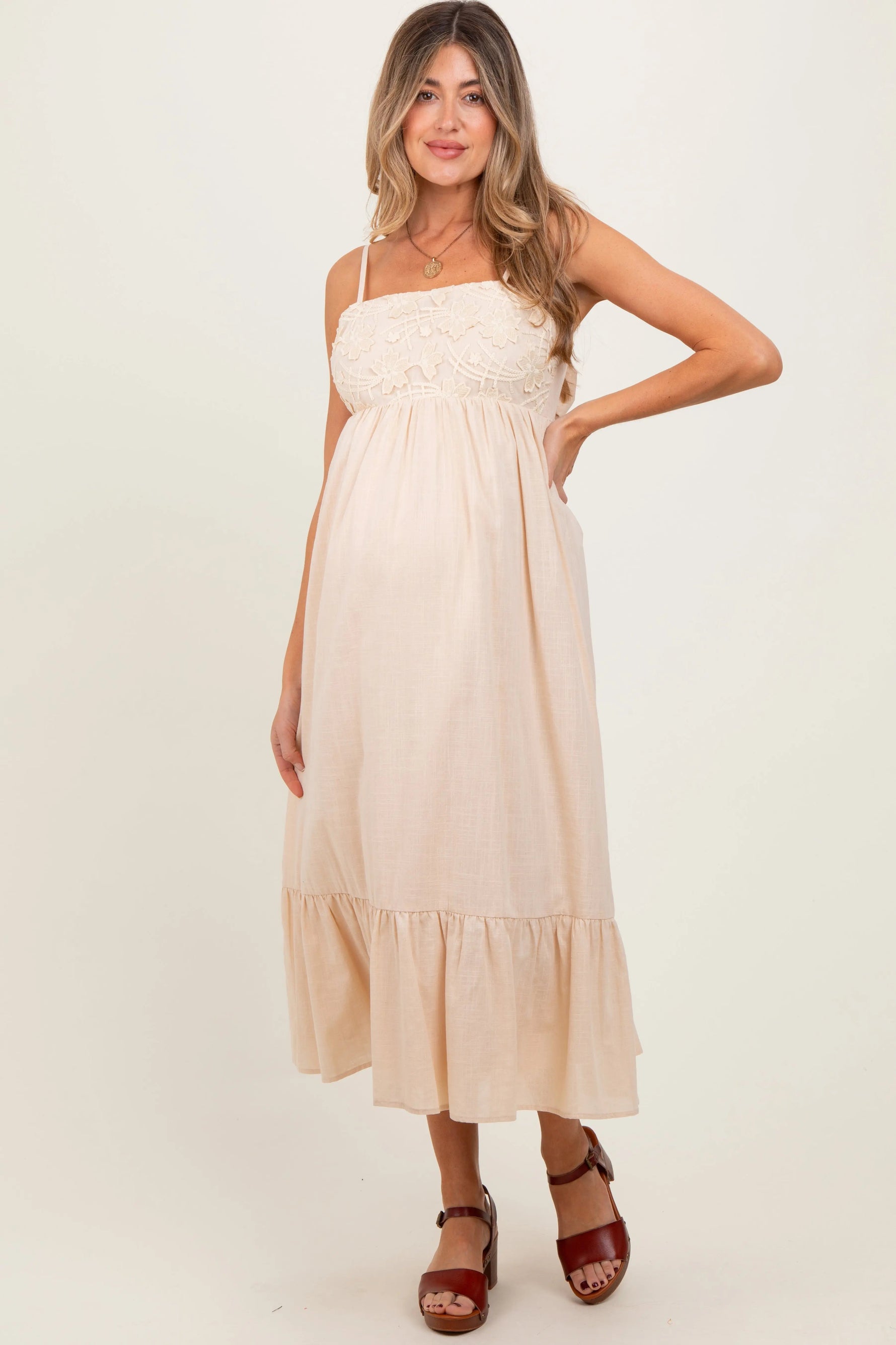 PinkBlush Beige Floral Embroidery Back Ribbon Maternity Midi Dress - 