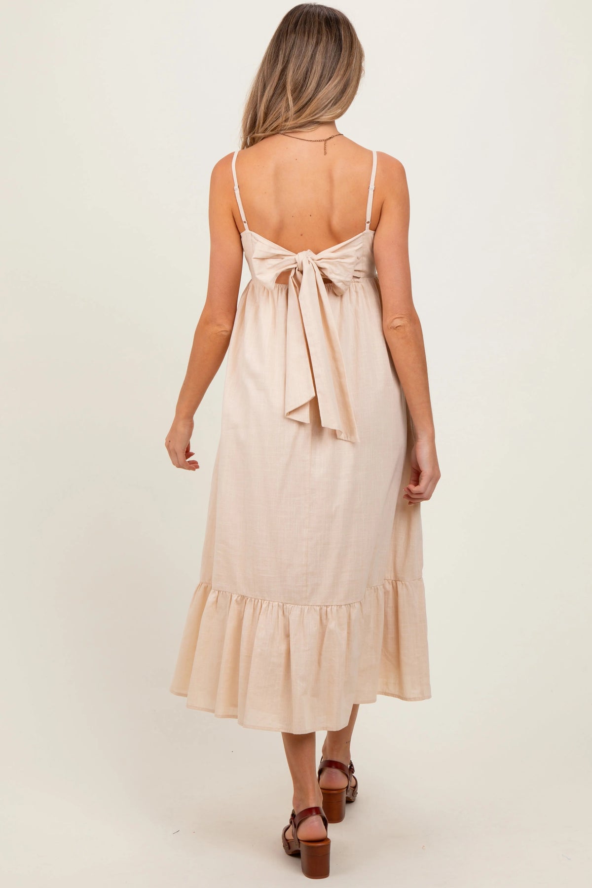 PinkBlush Beige Floral Embroidery Back Ribbon Maternity Midi Dress - 