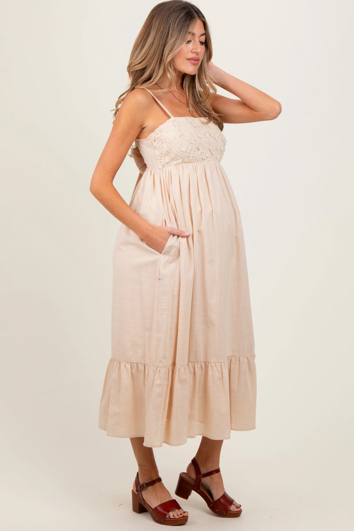 PinkBlush Beige Floral Embroidery Back Ribbon Maternity Midi Dress - 