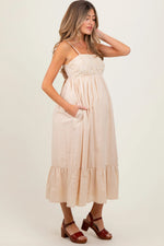 PinkBlush Beige Floral Embroidery Back Ribbon Maternity Midi Dress - 