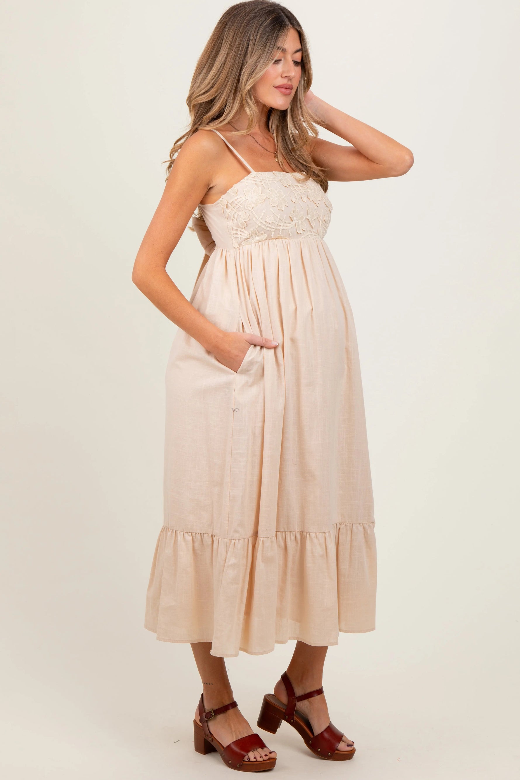 PinkBlush Beige Floral Embroidery Back Ribbon Maternity Midi Dress - 