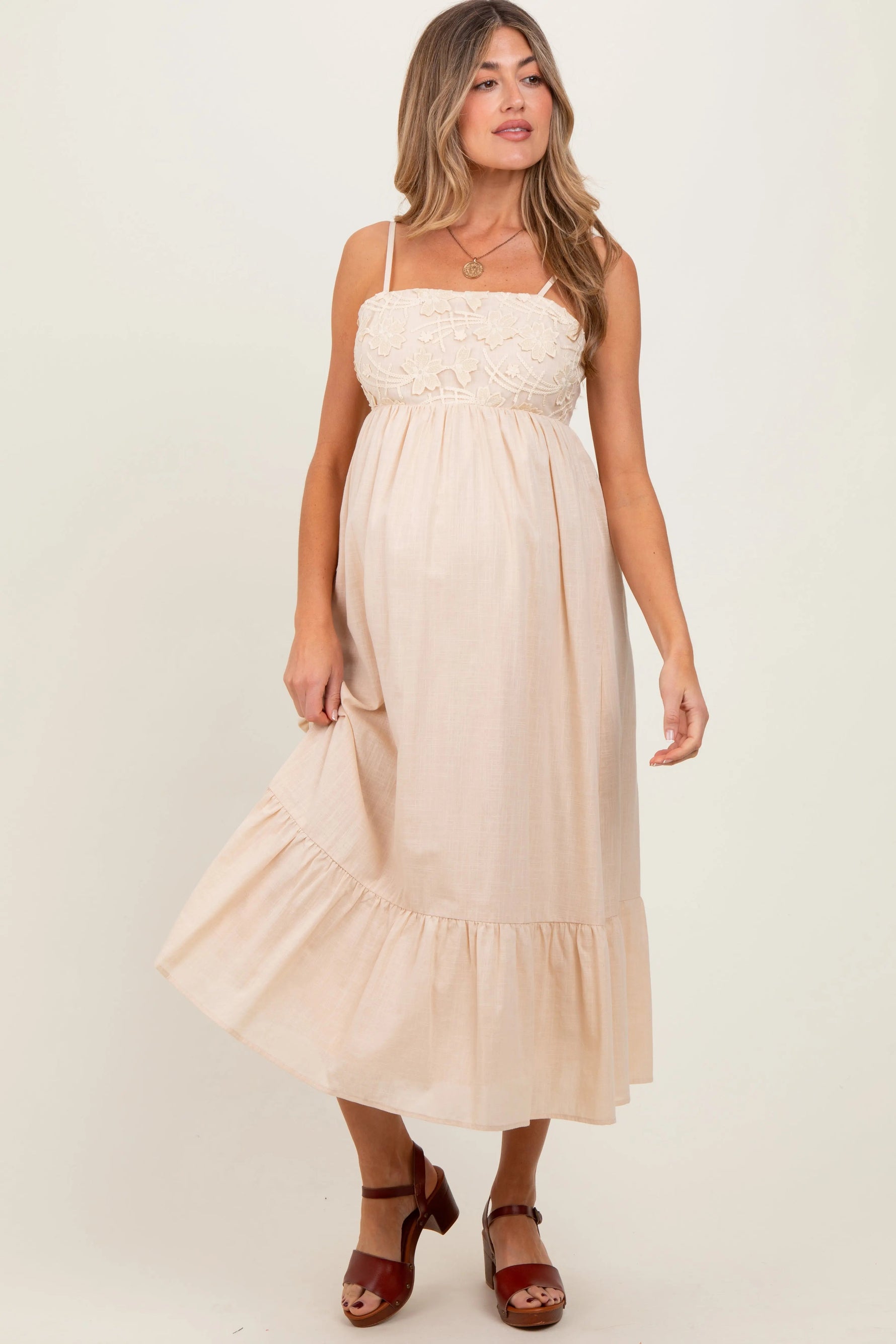PinkBlush Beige Floral Embroidery Back Ribbon Maternity Midi Dress - 