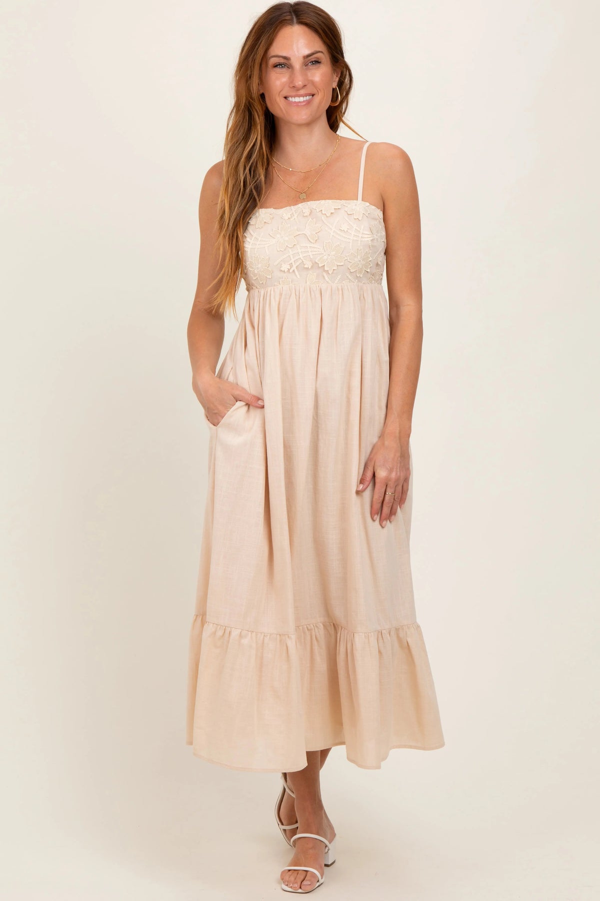 PinkBlush Beige Floral Embroidery Back Ribbon Maternity Midi Dress - 