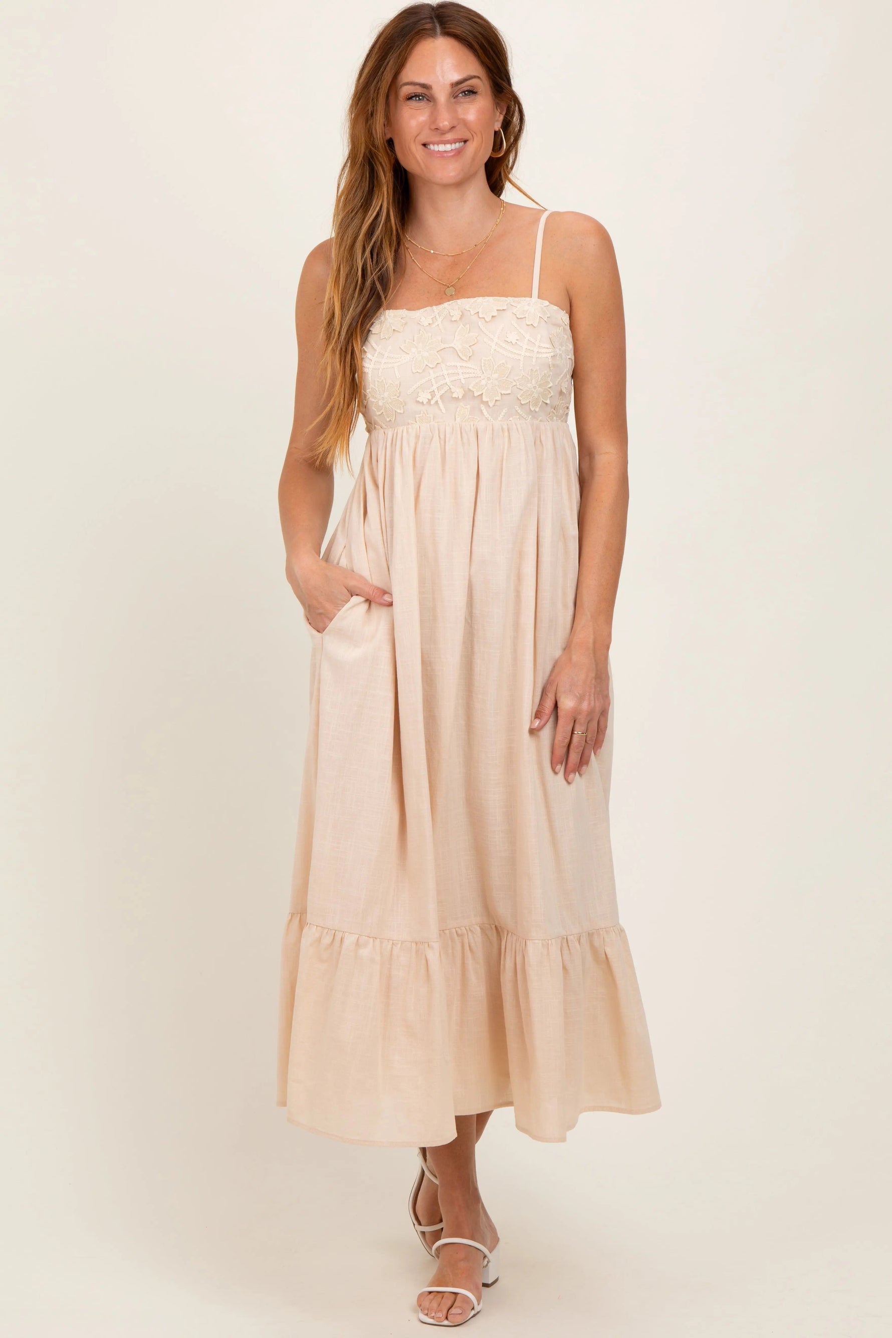 PinkBlush Beige Floral Embroidery Back Ribbon Maternity Midi Dress - 