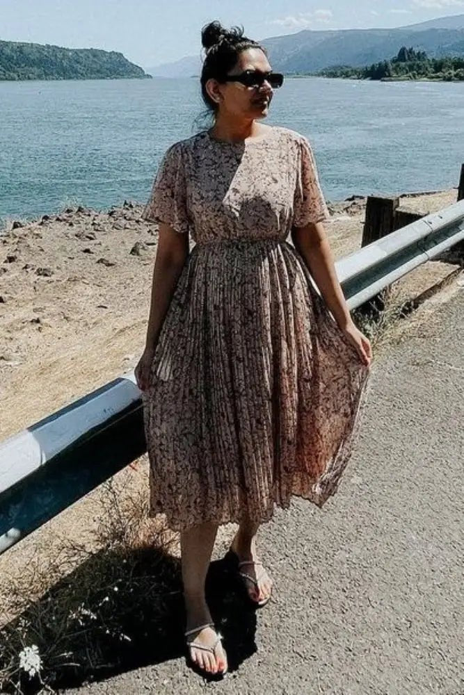 PinkBlush Beige Floral Pleated Chiffon Midi Dress - 