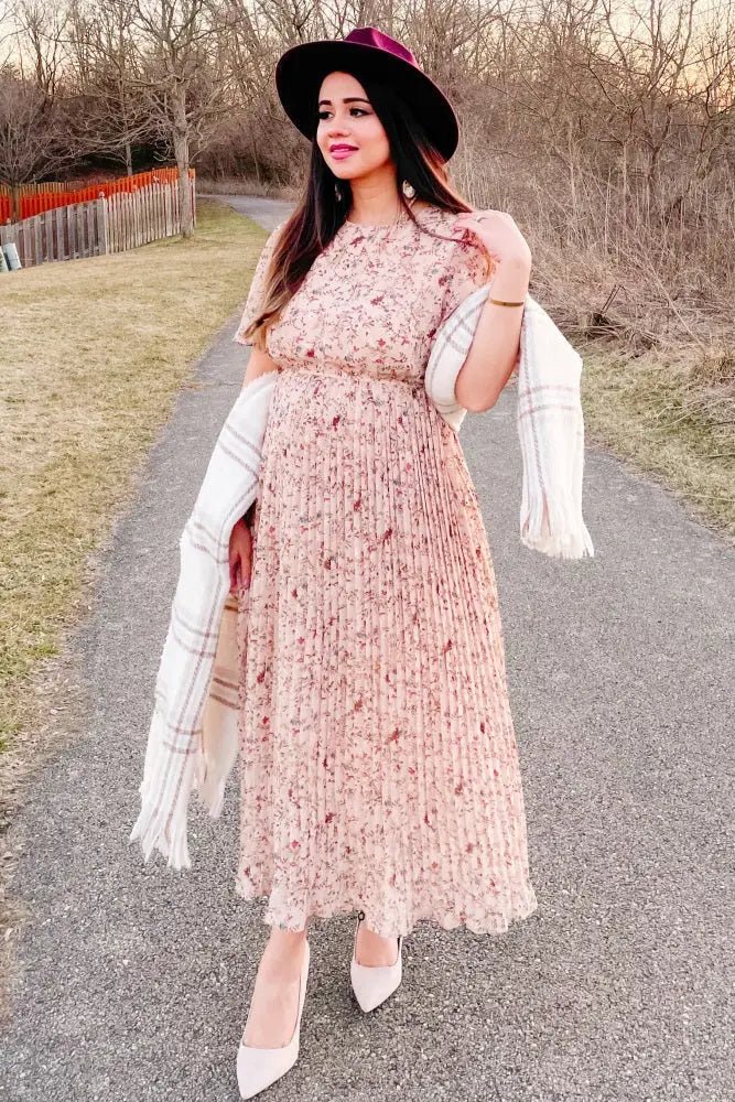 PinkBlush Beige Floral Pleated Chiffon Midi Dress - 