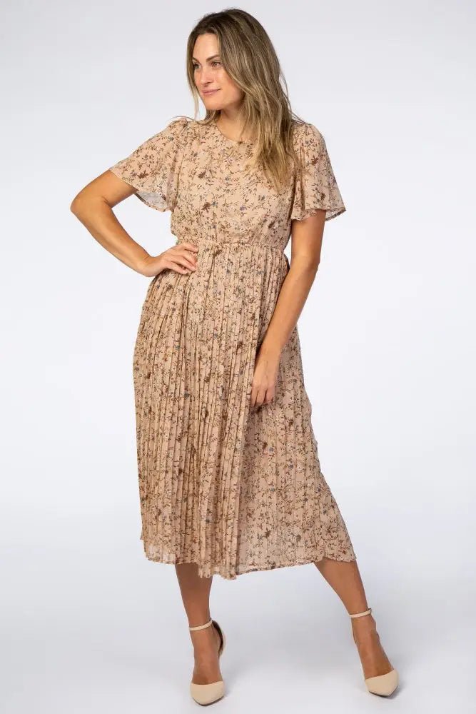 Beige Floral Pleated Chiffon Midi Dress - Dress, Person, High heels, Shoe, Sandal | Everetts Place