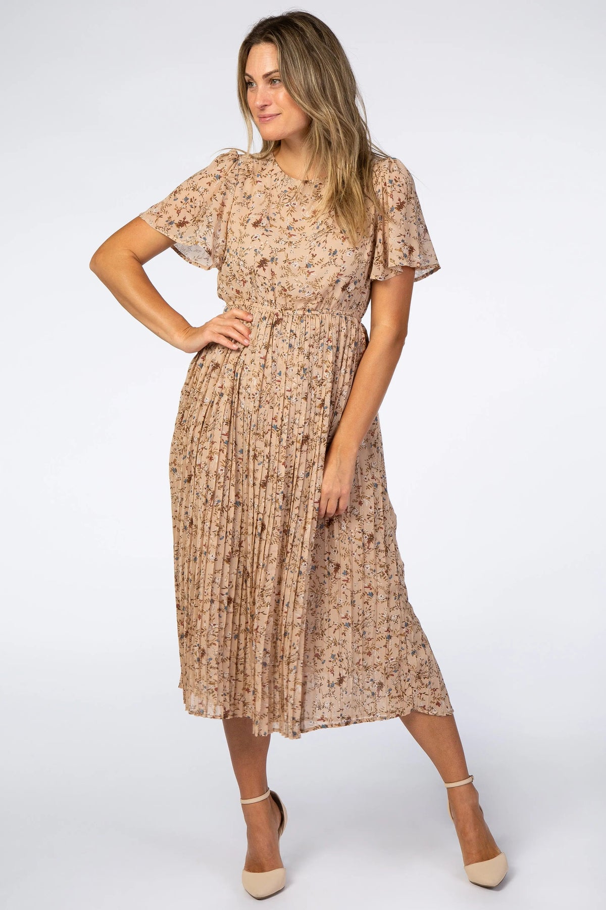 PinkBlush Beige Floral Pleated Short Sleeve Chiffon Maternity Midi Dress - 