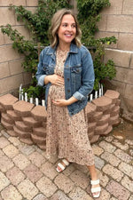 PinkBlush Beige Floral Pleated Short Sleeve Chiffon Maternity Midi Dress - 