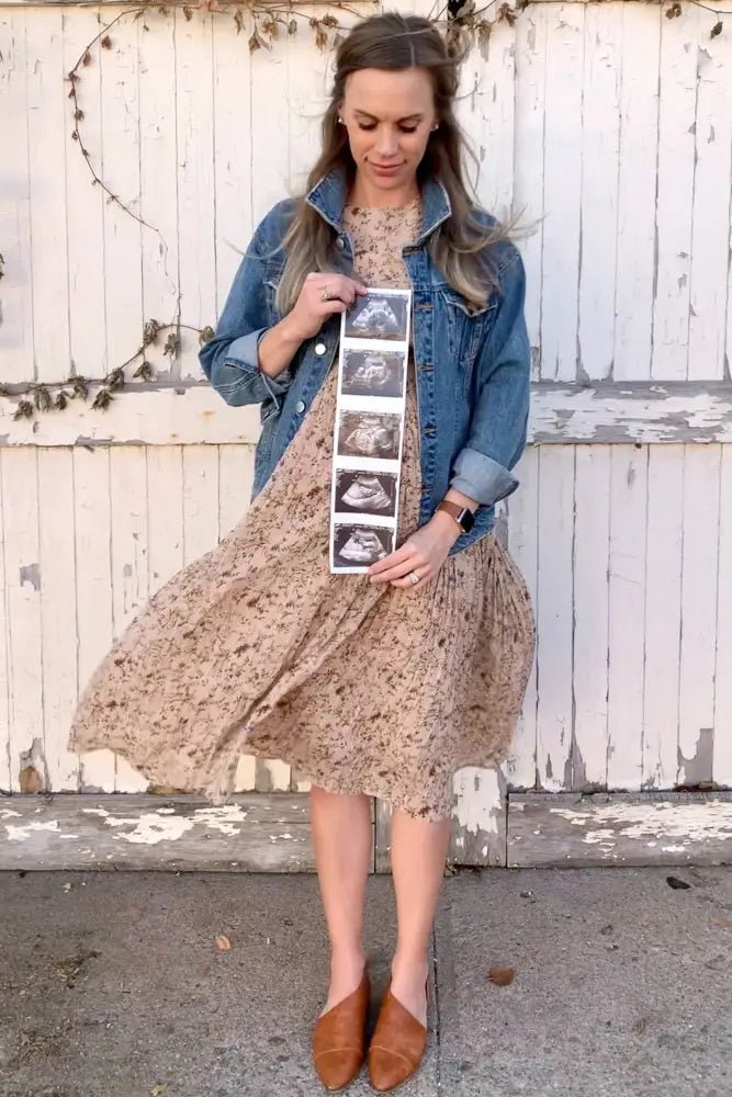 PinkBlush Beige Floral Pleated Short Sleeve Chiffon Maternity Midi Dress - 